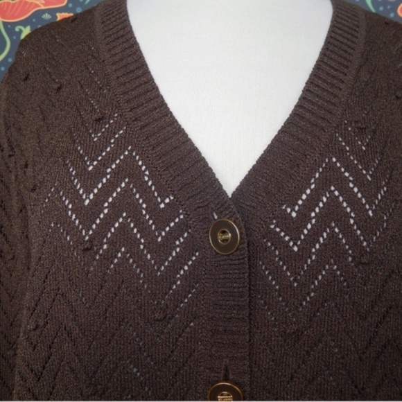 St. John Knits Collection Chocolate Brown Pointelle Cardigan Sweater M - Picture 4 of 8